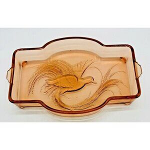 Tiara Indiana Glass Coral Vanity‎ Empress Tray Bird of Paradise 11.5x7.5"